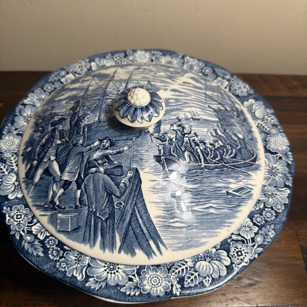 Liberty Blue Staffordshire China Serving Vegetable Bowl Lid Boston Tea Party